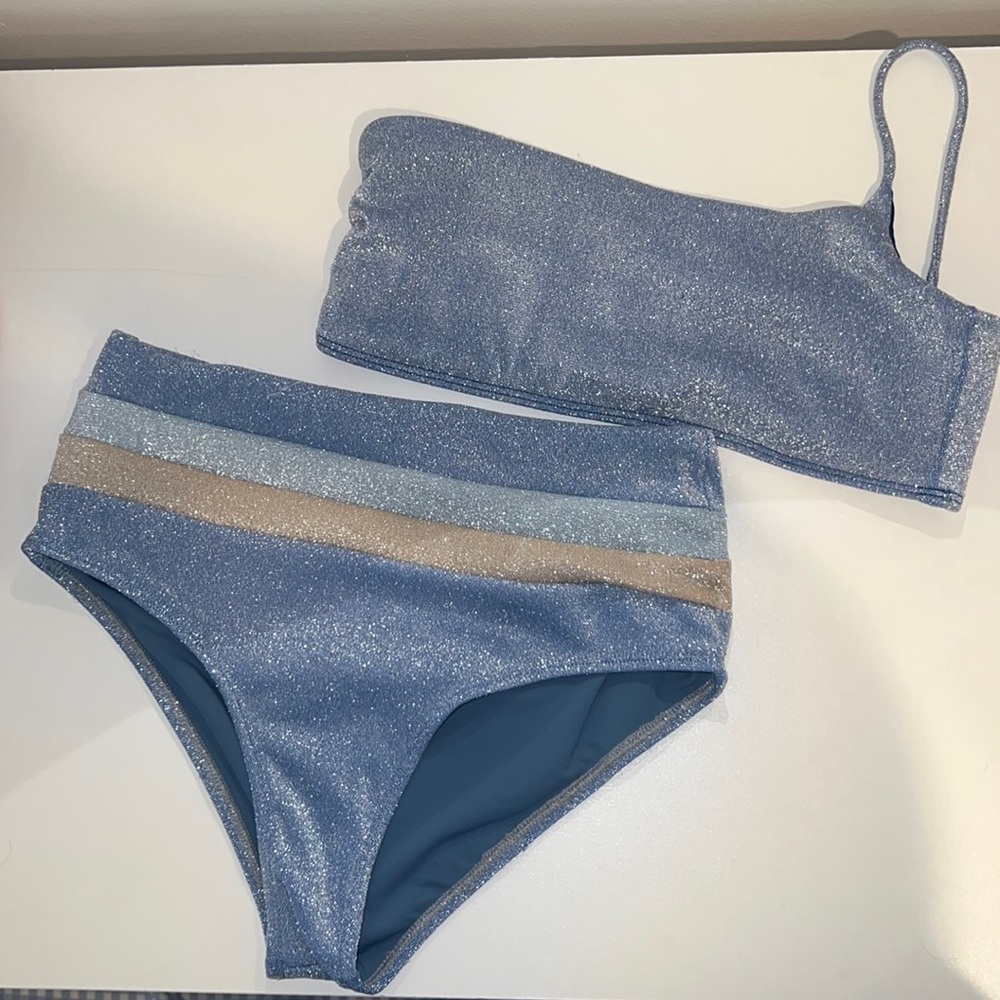 ELYSIIAN blue sparkle pixie bottom & one shoulder top- size L